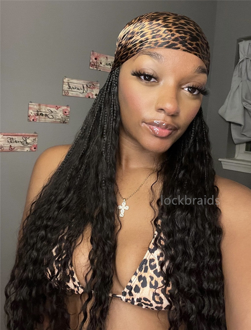 Crochet Boho Box Braids Band Wig Bohemian with Human Hair Curly Ends Braided Hair Extensions Natural Black