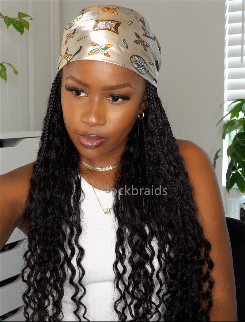 Crochet Boho Box Braids Band Wig Bohemian with Human Hair Curly Ends Braided Hair Extensions Natural Black