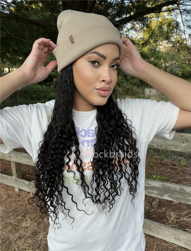 Crochet Boho Box Braids Band Wig Bohemian with Human Hair Curly Ends Braided Hair Extensions Natural Black