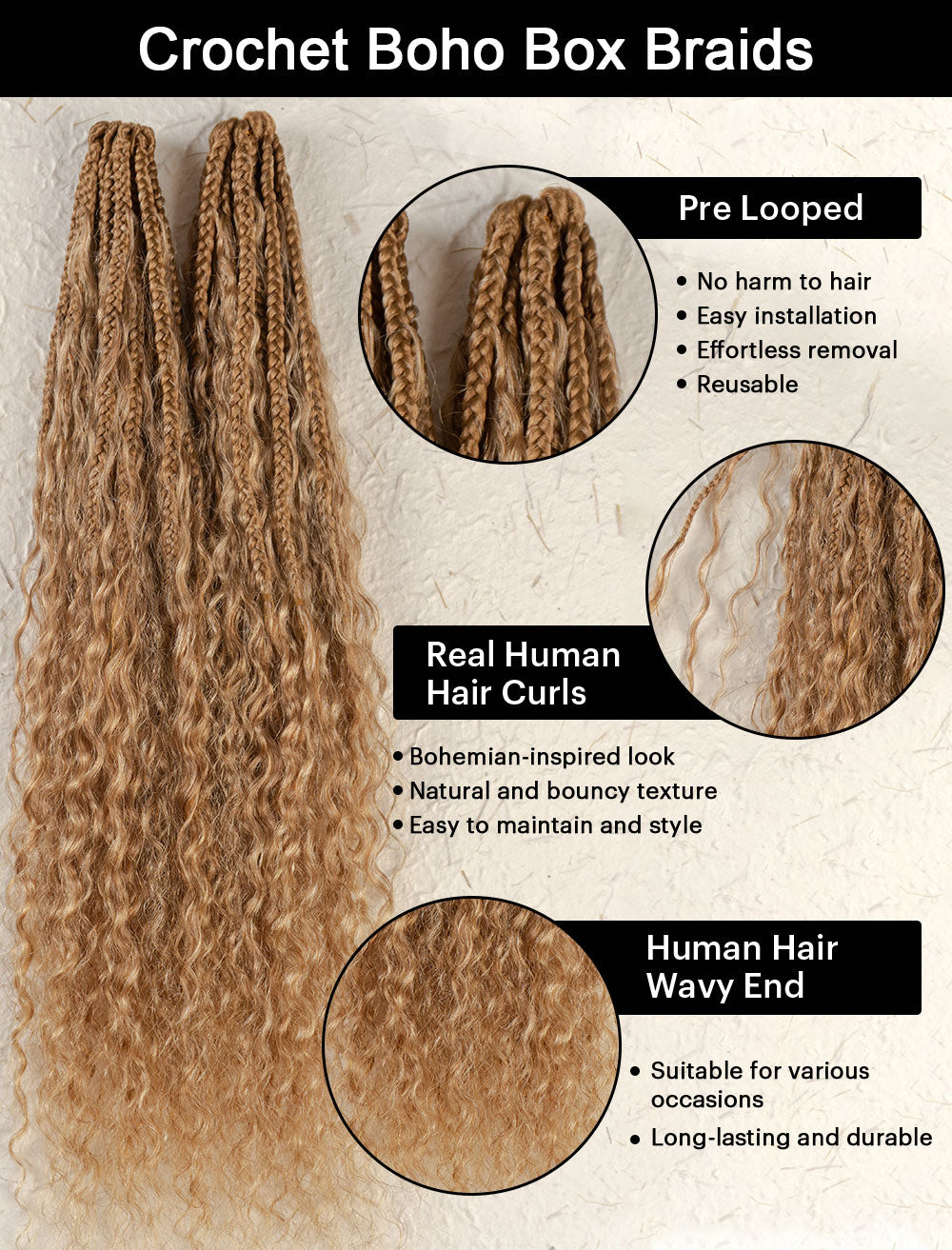 Crochet Boho Box Braids With Human Hair Deep Curls Bulk Hair Extensions Color #27