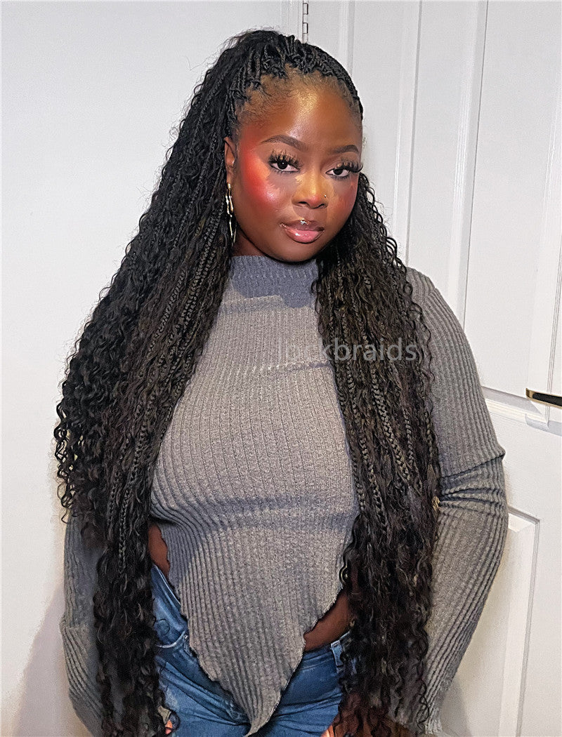 Crochet Boho Box Braids With Human Hair Deep Curls Bulk Hair Extensions Color Natural Black