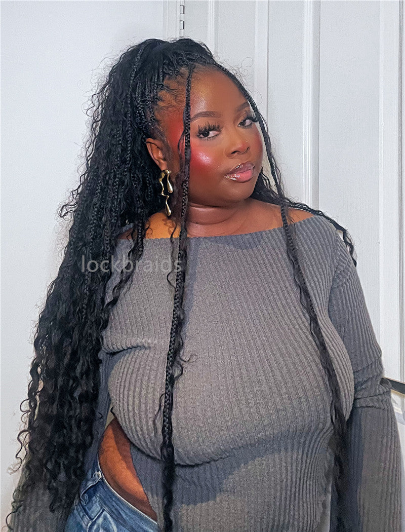 Crochet Boho Box Braids With Human Hair Deep Curls Bulk Hair Extensions Color Natural Black