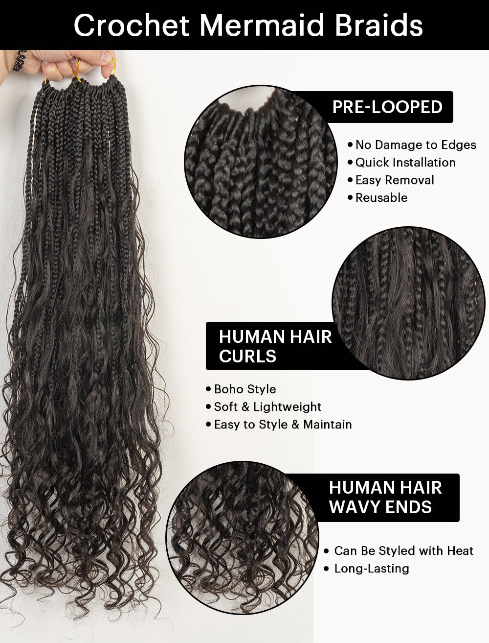 Crochet Boho Box Braids With Human Hair Curls Loose Deep Bulk Hair Extensions