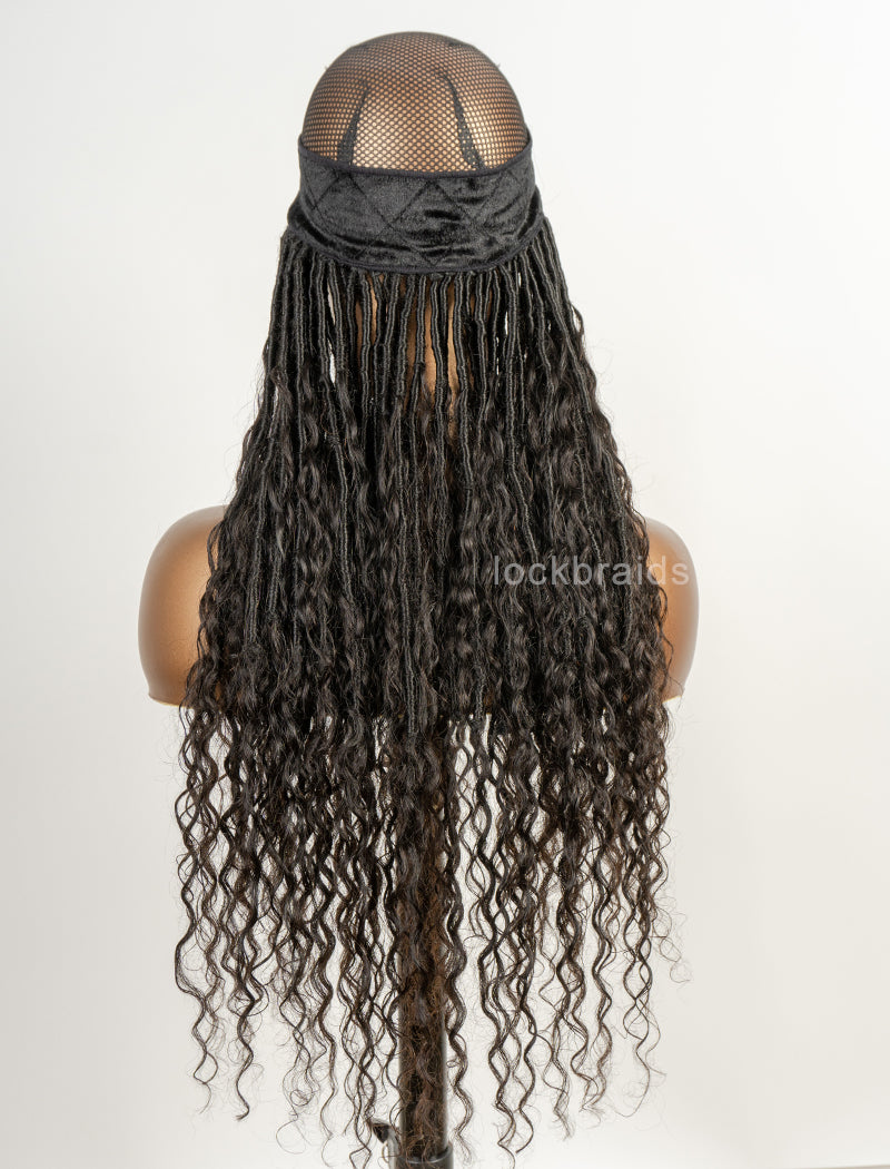 Crochet Boho Lock Braids Band Wig with Human Hair Deep Curls  Hair Extensions Natural Black