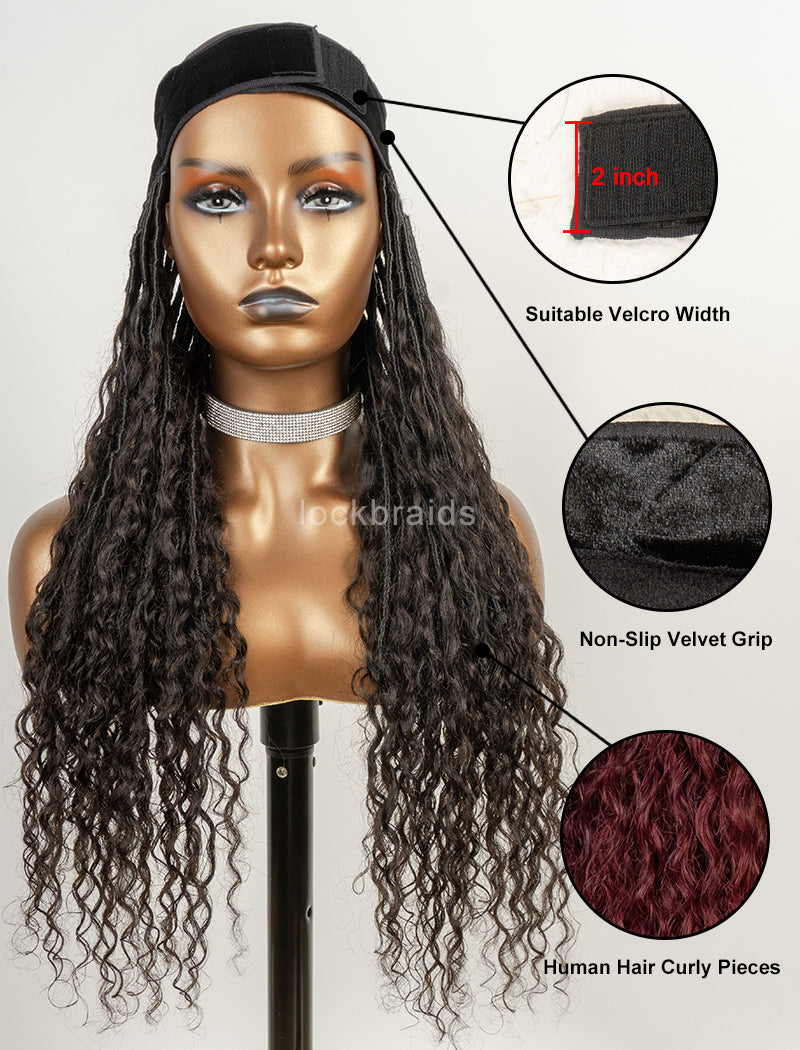 Crochet Boho Lock Braids Band Wig with Human Hair Deep Curls  Hair Extensions Natural Black