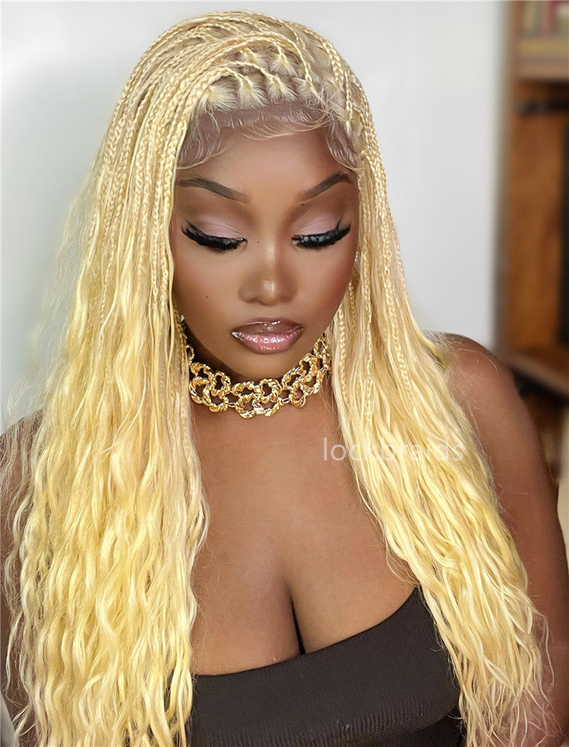 Human Hair Full Lace Braided Wig #613 Glueless Small Boho Knotless Braids With Baby Hair