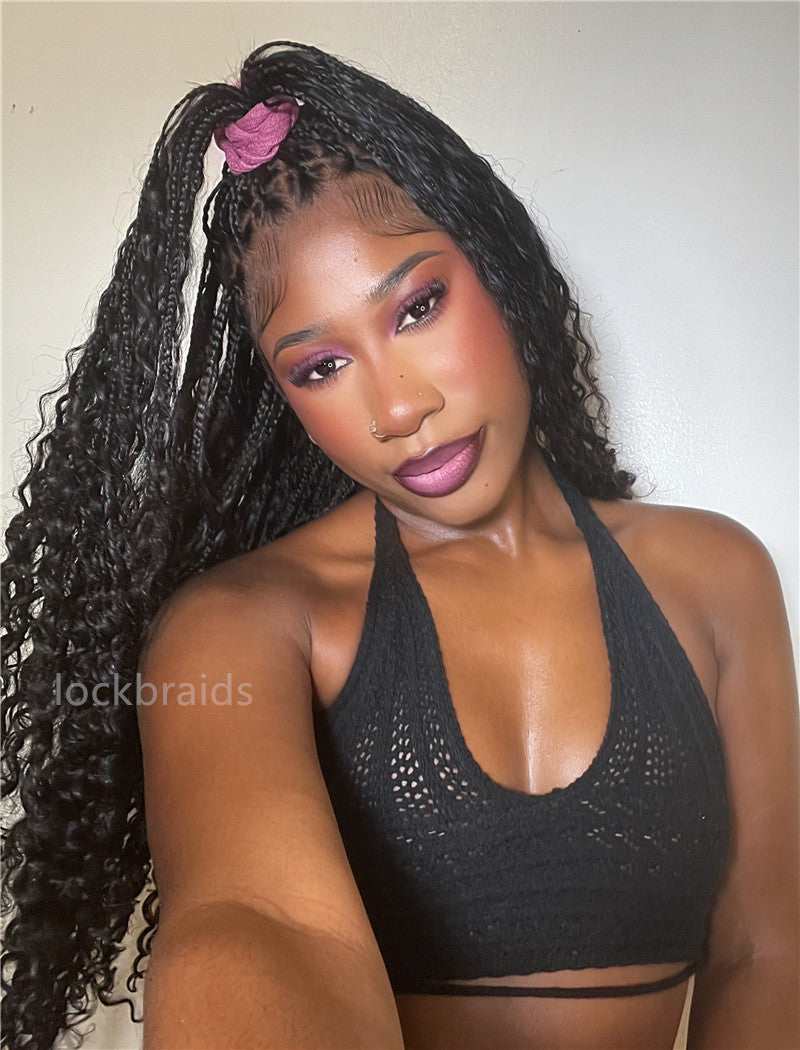 Human Hair Full Lace Braided Wig Glueless Small Boho Knotless Braids With Baby Hair