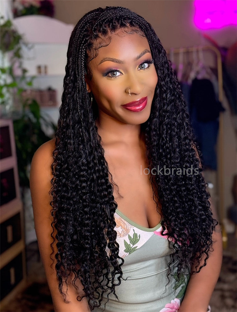 Human Hair Full Lace Braided Wig Glueless Small Boho Knotless Braids With Baby Hair