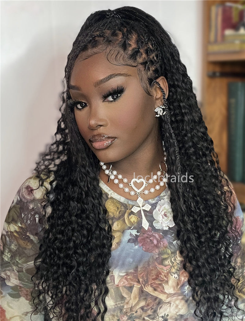 Human Hair Full Lace Braided Wig Glueless Small Boho Knotless Braids With Baby Hair