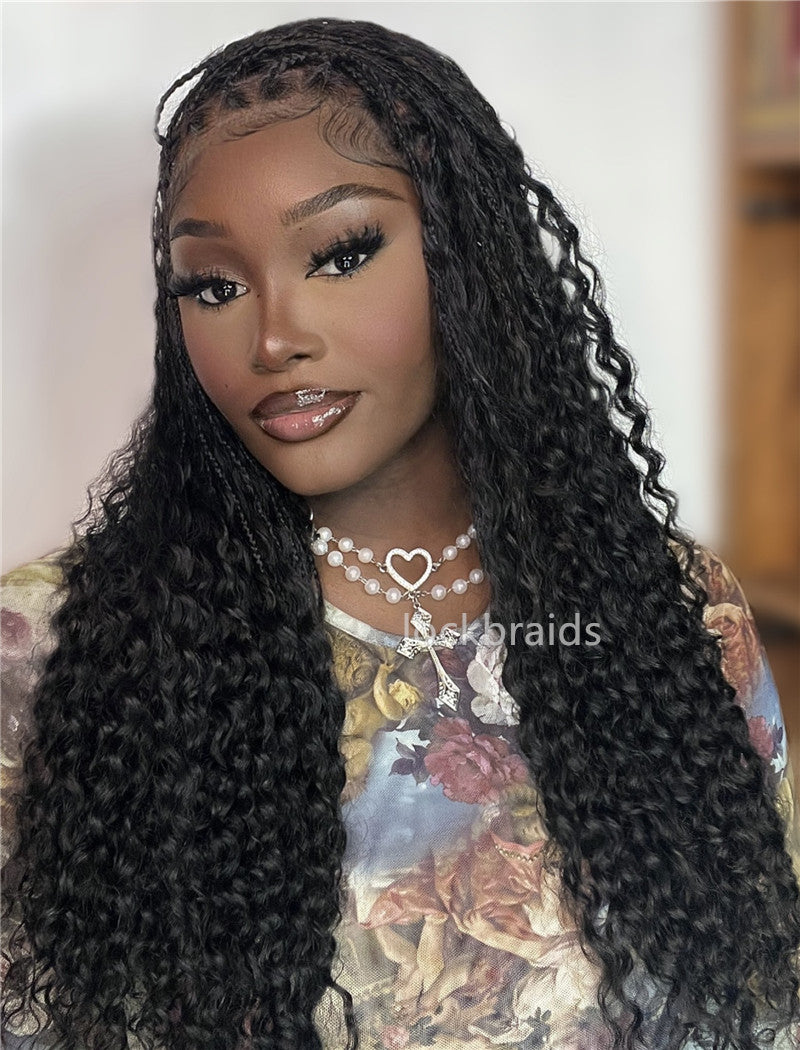 Human Hair Full Lace Braided Wig Glueless Small Boho Knotless Braids With Baby Hair