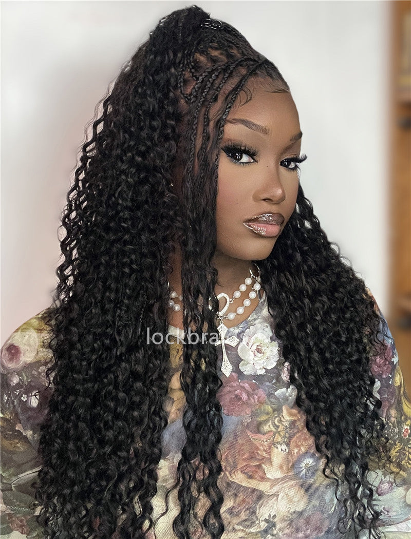 Human Hair Full Lace Braided Wig Glueless Small Boho Knotless Braids With Baby Hair