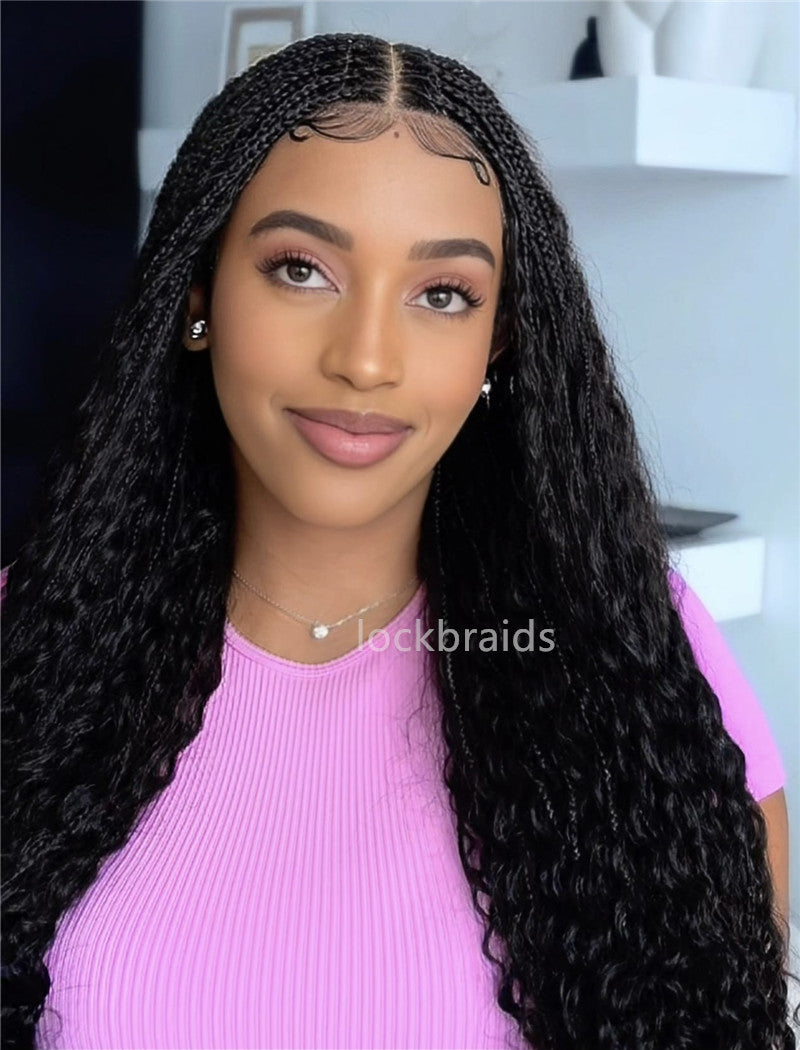 Human Hair Full Lace Braided Wig Glueless Middle Parts Small Boho Knotless Braids