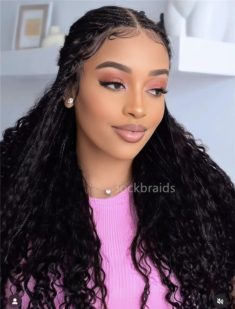 Human Hair Full Lace Braided Wig Glueless Middle Parts Small Boho Knotless Braids