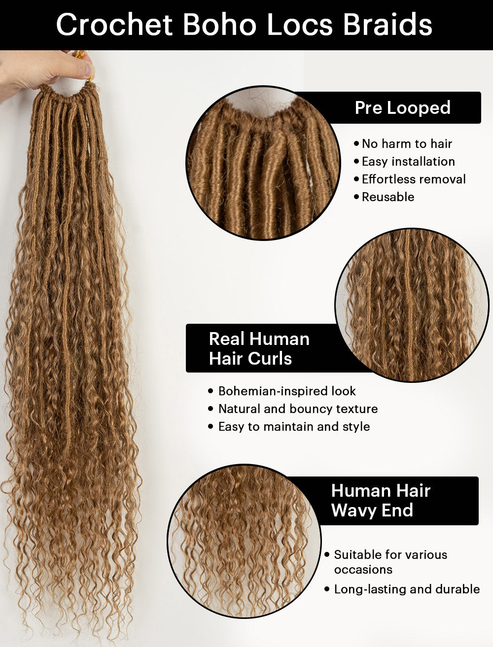 Pre-looped Crochet Boho Lock Braids With Human Hair Deep Curls Bulk Hair Extensions Color #27