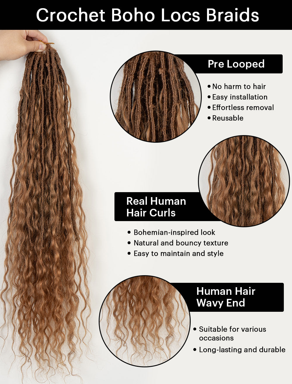 Pre-looped Crochet Boho Lock Braids With Human Hair Deep Curls Bulk Hair Extensions Color #30